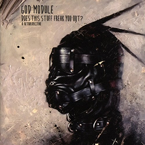 "Album cover featuring a black leather hood with straps and buckles on a gray background."