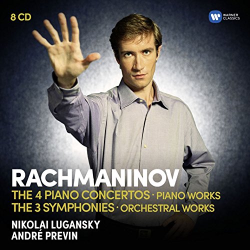CD cover with pianist Nikolai Lugansky gesturing, surrounded by text and a grey background.