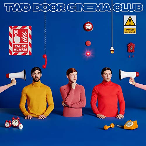 Album cover for Two Door Cinema Club’s “False Alarm” featuring three people.