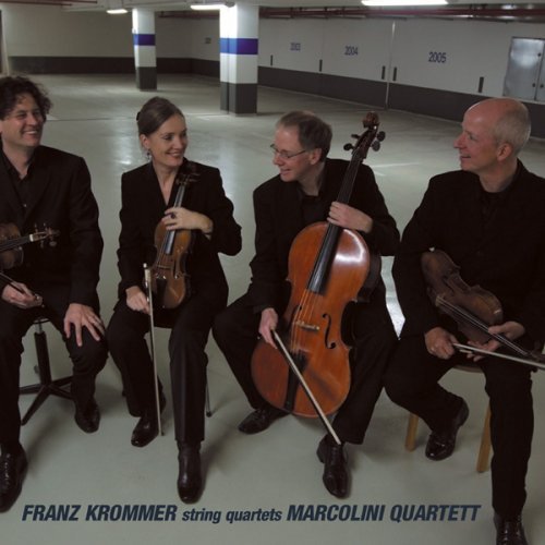"Four musicians in black sit together, holding string instruments in a parking garage."