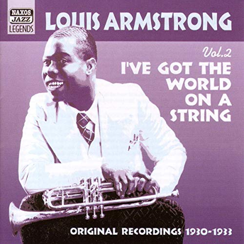 Louis Armstrong portrait with trumpet on CD cover, purple background.