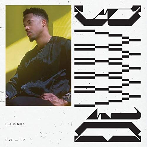 Album cover with a man and abstract black shapes on a white background.
