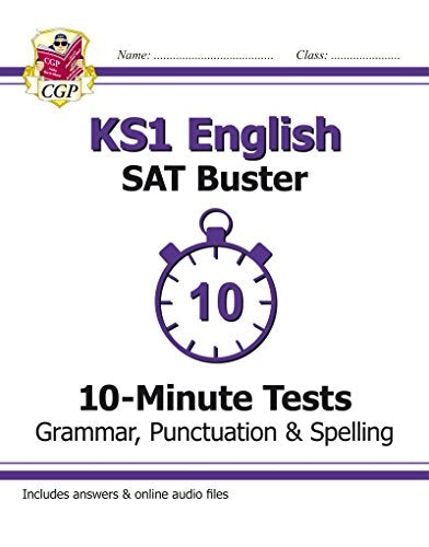 "White educational booklet cover with purple stopwatch graphic and 'KS1 English SAT Buster' text."