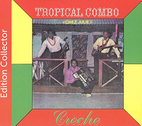 "Tropical Combo album cover featuring three musicians on a porch with instruments."
