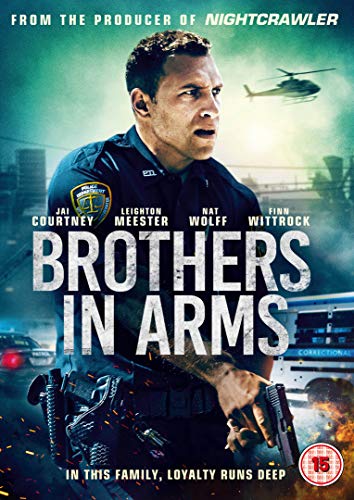 "Brothers In Arms DVD cover featuring a police officer holding guns, with a helicopter in background."