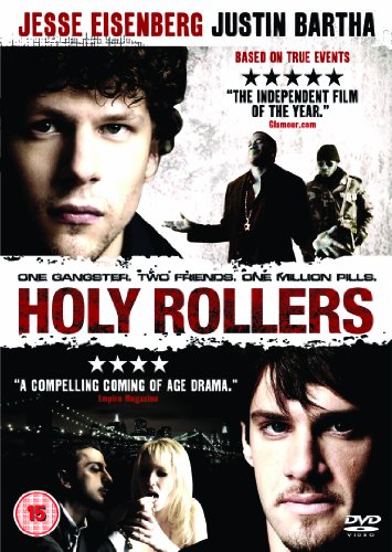"Movie cover for 'Holy Rollers' featuring images of actors and a cityscape at night."