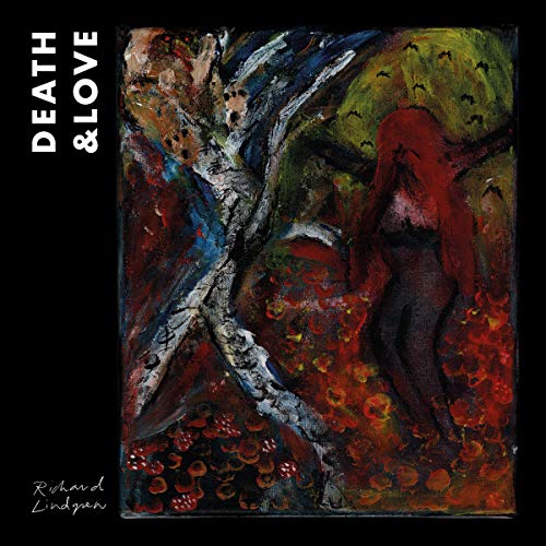 "Album cover with abstract painting of a figure and tree on a black background."