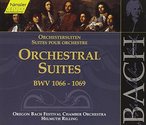 CD cover for Bach’s Orchestral Suites, featuring portraits and text.
