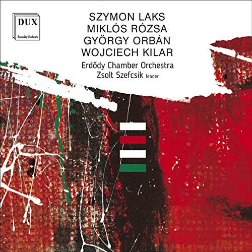 "Album cover with abstract red and white design, featuring composer names and orchestra details."
