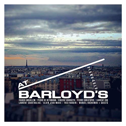 "Album cover with cityscape and white text 'At Barloyd's Piano Solos' on a cloudy background."