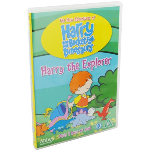 Harry the Explorer" DVD cover featuring a boy with dinosaurs.