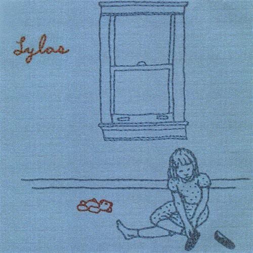 Embroidered CD cover: window, girl, and shoes on a textured blue background.