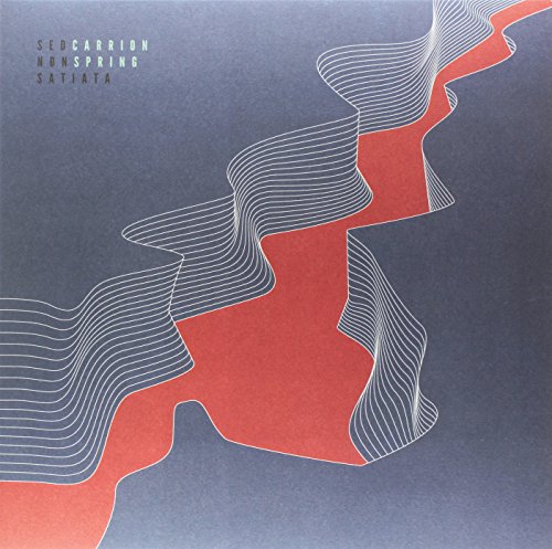 Vinyl record cover with abstract red and white line art on blue.