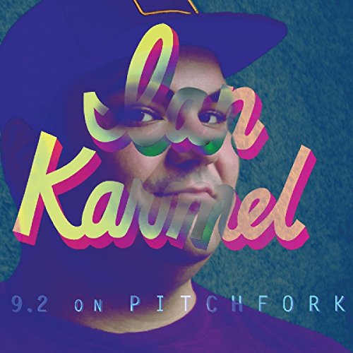 "Album cover with a man in a hat and colorful text overlay."