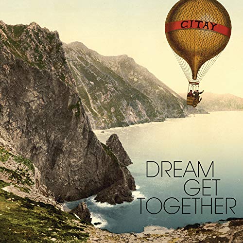 Hot air balloon over mountains and sea, album cover art.
