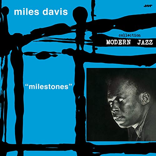 "Blue album cover with 'miles davis' and 'milestones' text, featuring a man's portrait."