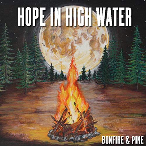 "Album cover art: a bonfire in a forest clearing under a full moon."
