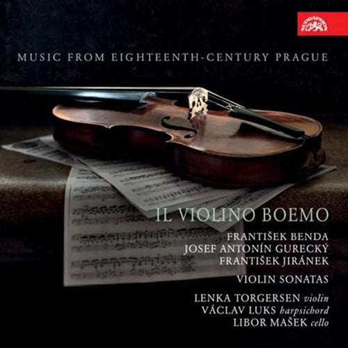 "CD cover with a violin on sheet music, dark background, and white text."