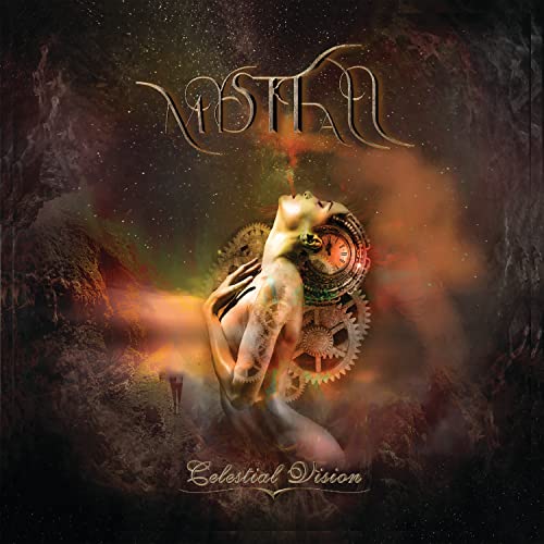 Mystfall album cover: woman with clockwork and starry nebula background.