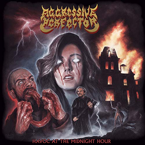 Horror album cover with distressed figures, a haunted house, and stormy sky.