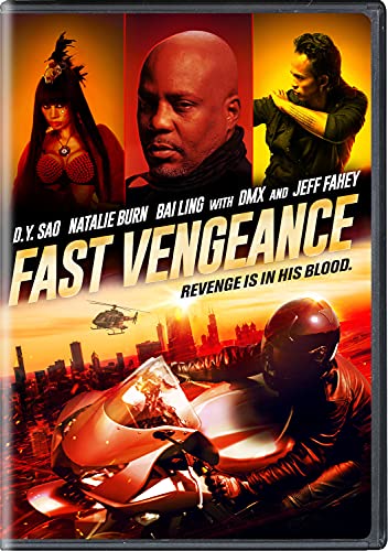 Fast Vengeance" DVD cover featuring three actors and a motorcycle chase scene.