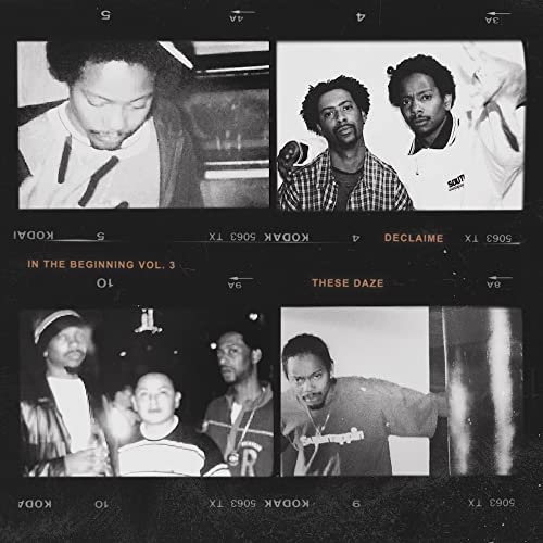 Black and white album cover featuring four photos of Declaime and Madlib.