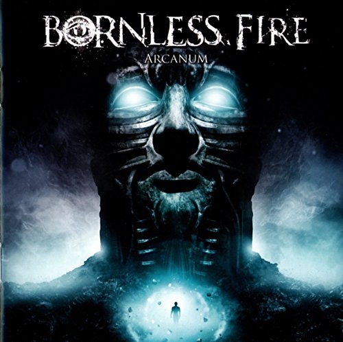 "Album cover with a dark, glowing mask and a person in a blue aura."