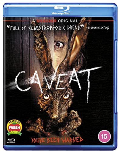 Blu-ray case for "Caveat" with a rabbit-like creature and human eye on the cover.