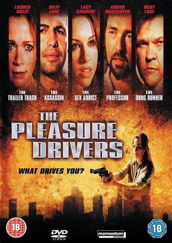 DVD cover for "The Pleasure Drivers" with a woman holding a gun.