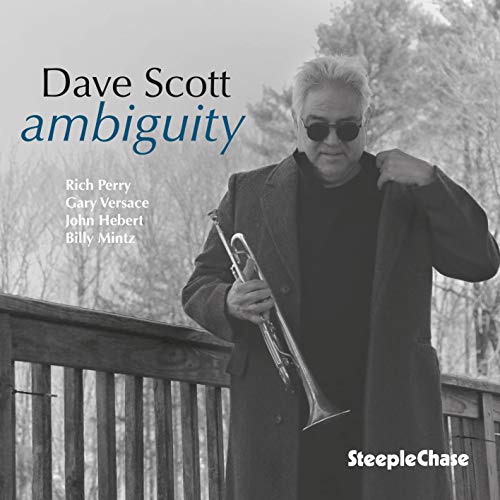 "Album cover featuring a man holding a trumpet, standing on a wooden deck."