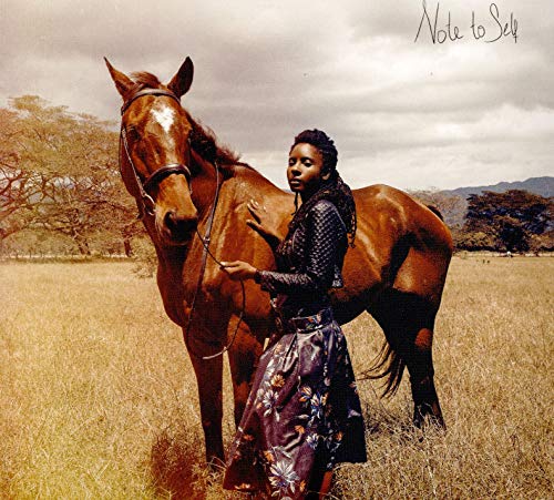 "Album cover featuring a woman standing beside a brown horse in a field."