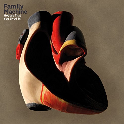 "Album cover with abstract, twisted shapes in red, black, and beige against a brown background."