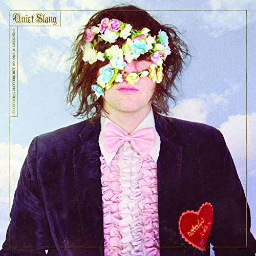 CD cover: person with flowers obscuring face, pink suit, cloudy sky.