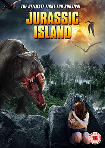 Jurassic Island" DVD cover featuring a T-Rex, pterodactyls, and a frightened woman.