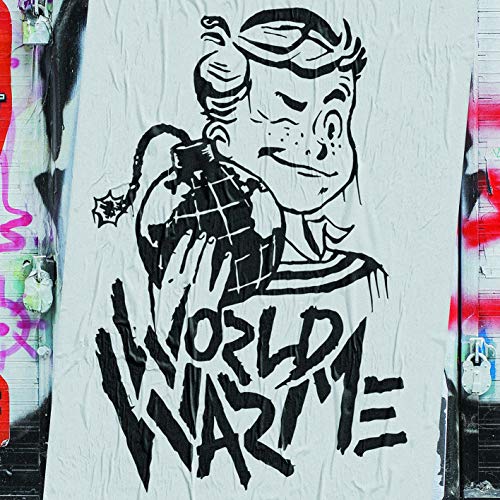 White t-shirt with cartoon drawing of boy holding grenade and "World War Me" text.