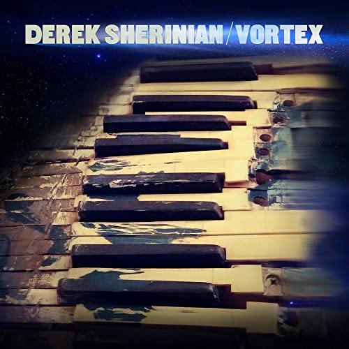 Derek Sherinian’s “Vortex” album cover featuring a piano keyboard and starry sky.