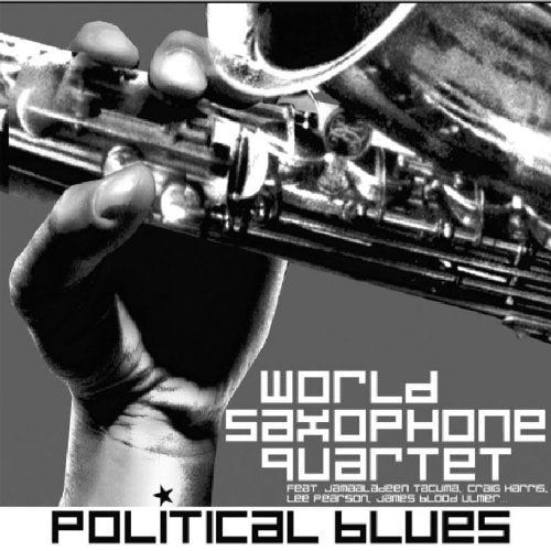 "Album cover with hand holding saxophone, red background, and 'Political Blues' title."