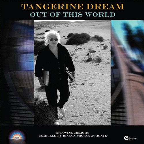 "Tangerine Dream album cover featuring black and white photo of a man in desert."