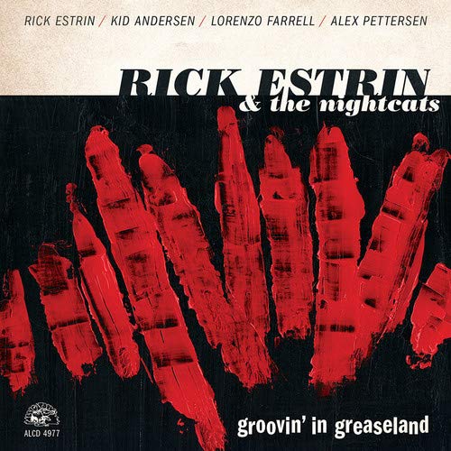 "Album cover with red handprint on black background, titled 'Groovin' in Greaseland'."
