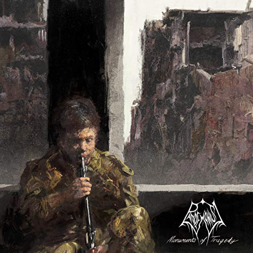 "Album cover art: soldier sitting, holding rifle, with destroyed building in the background."