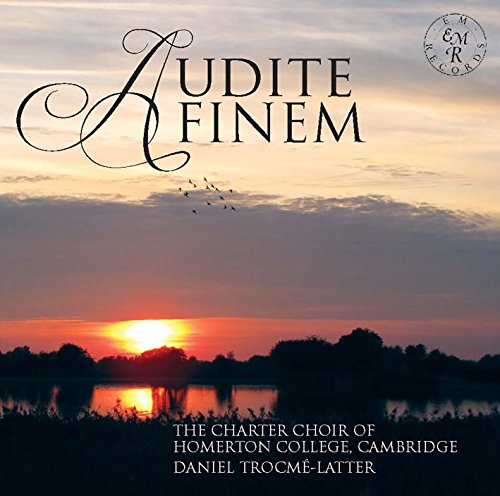 "Album cover with serene lake sunset, 'Audite Finem' title, and choir information."