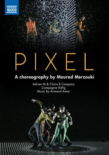 Dancers in motion on a black background with white pixelated patterns and yellow title text.