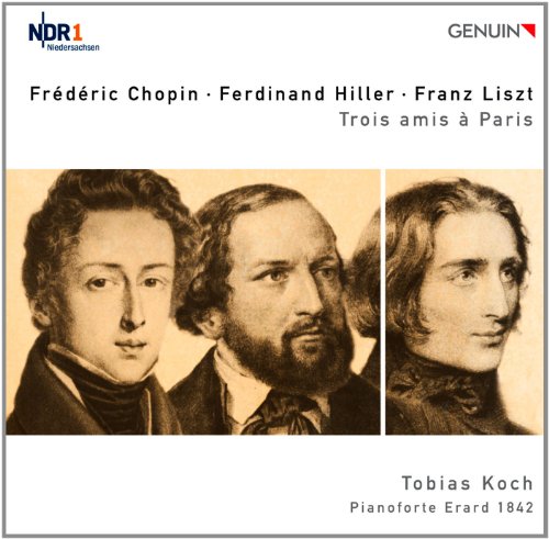 CD cover featuring portraits of three 19th-century composers: Chopin, Hiller, and Liszt.