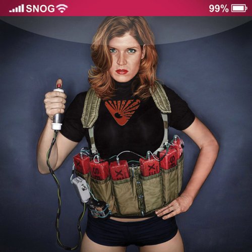 CD cover: Woman with detonator, wearing explosive-filled vest.