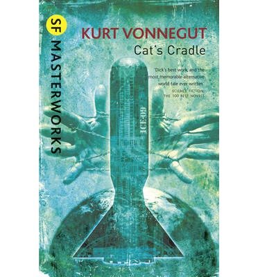 "Book cover of 'Cat's Cradle' by Kurt Vonnegut with abstract molecular design."