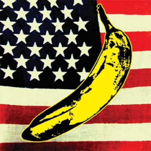 Yellow banana against an American flag, pop art style.