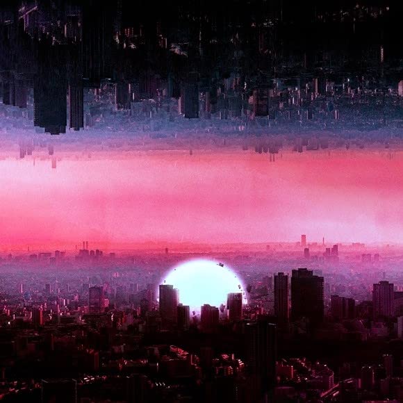 Futuristic cityscape with a large, glowing sun and pink sky.