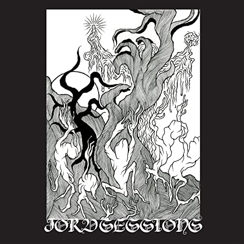Black and white illustration of twisted trees and a figure, album artwork.