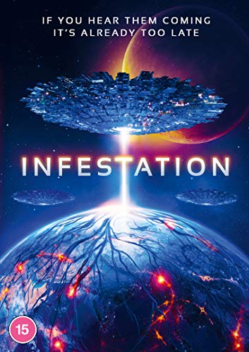 DVD cover for "Infestation" showing a spaceship over Earth with red veins.