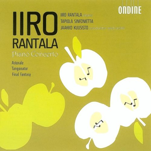 "CD cover with cartoon apples, musical notes, and text on olive green background."